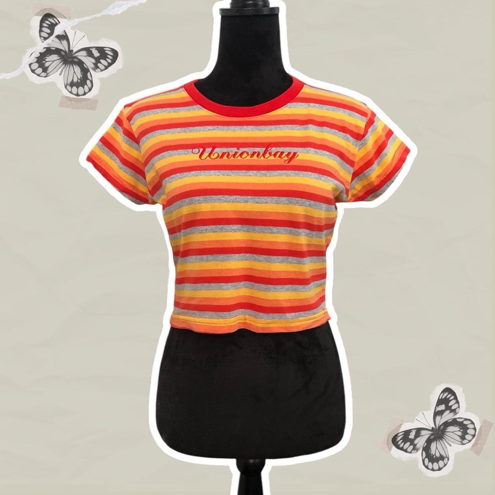 UNIONBAY Women’s Size Medium Orange and Red Striped Boxy Crop T-Shirt